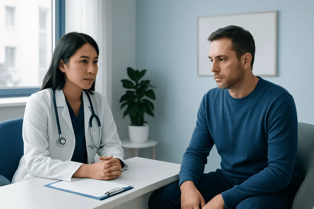 Doctor consulting with male patient in a modern clinic setting.