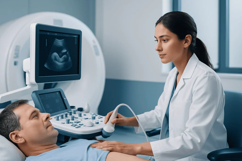 Medical professional performing an ultrasound on a male patient in a hospital.