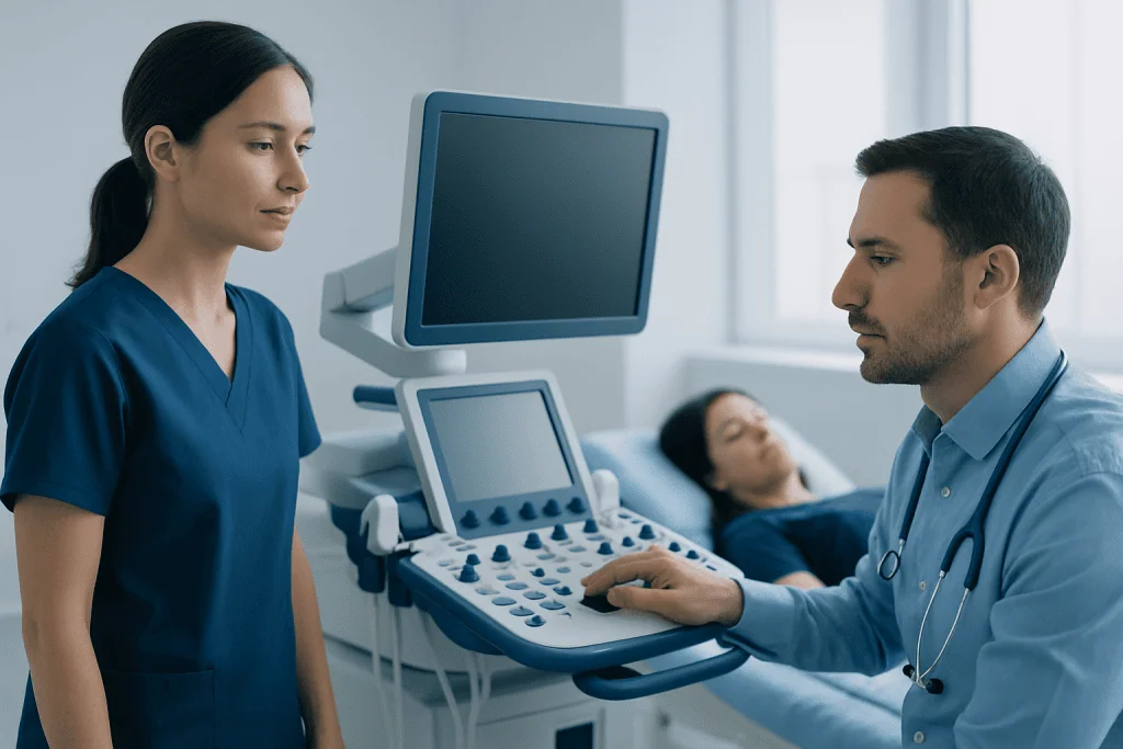 Medical professionals performing an ultrasound examination in a hospital room.