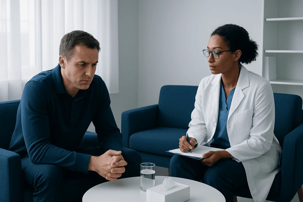 Doctor consulting with a male patient in a medical office setting.