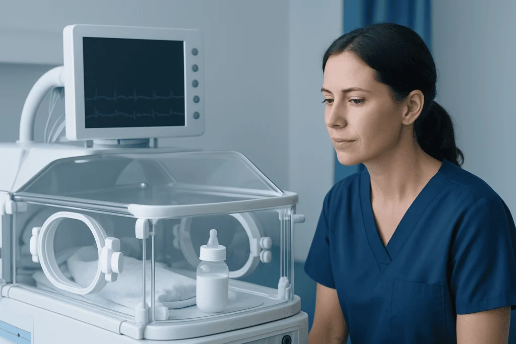 Neonatal incubator with medical staff monitoring vital signs.