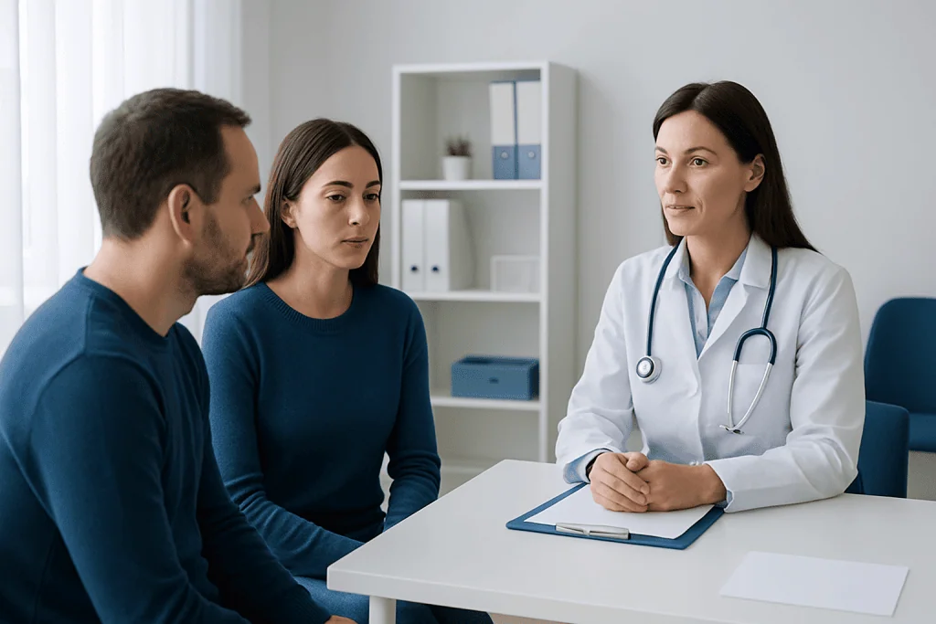 Doctor consulting with a male and female patient in a medical office.