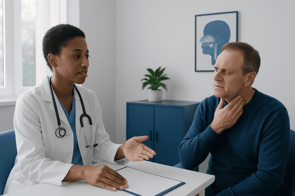 Doctor consulting with male patient in a medical office setting.