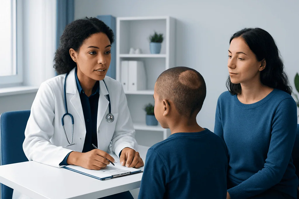 Doctor consulting with a young boy and his mother in a medical office.