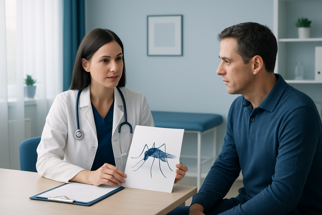 Doctor explaining mosquito-borne virus to patient in consultation room.