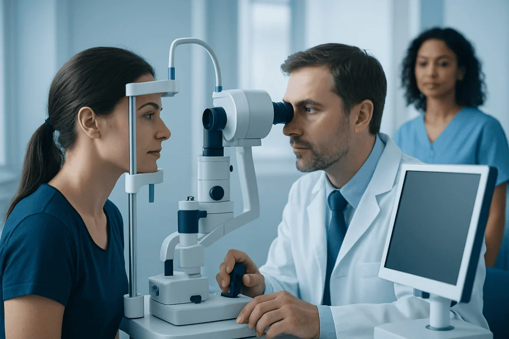 Ophthalmologist examining a patient's eyes with a slit lamp.