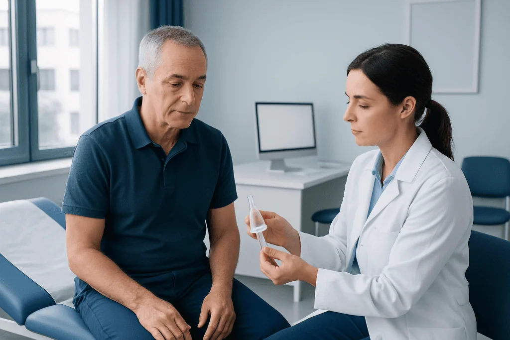 Doctor explaining condom catheter to patient in clinic setting.