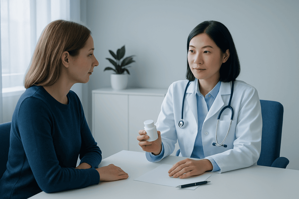 Doctor explaining medication to patient in a clinical setting.