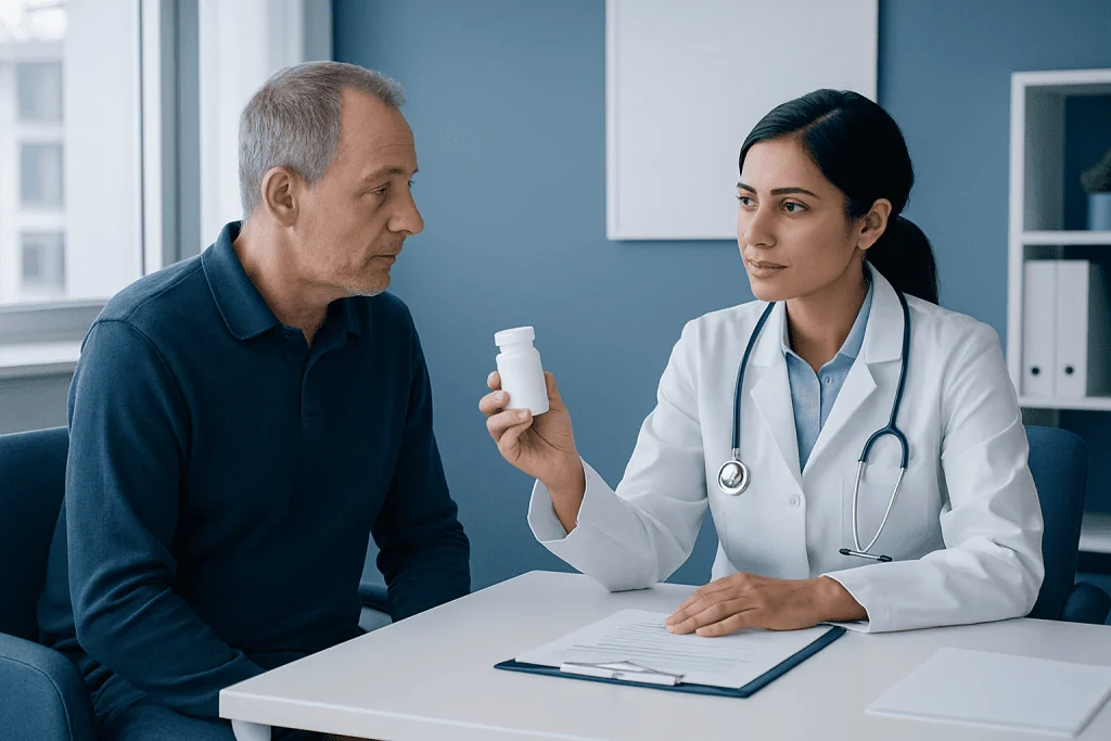 Doctor explaining medication to patient in a clinical setting.