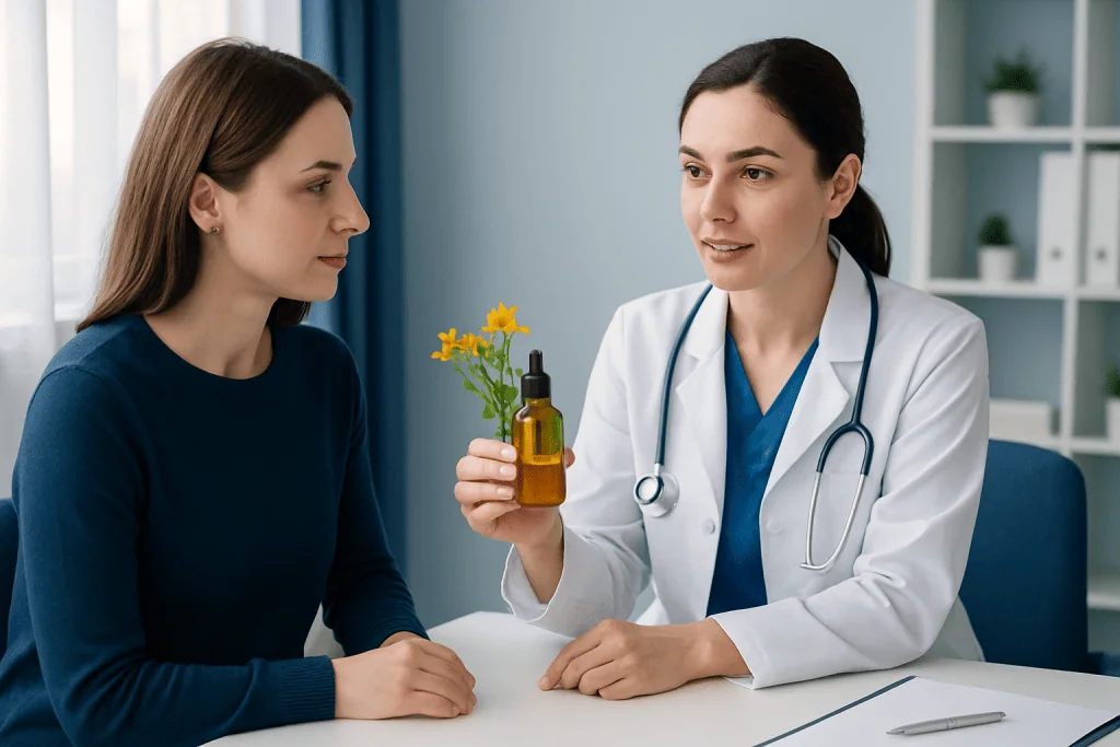 Doctor explains St. John's Wort oil benefits to patient in clinic.