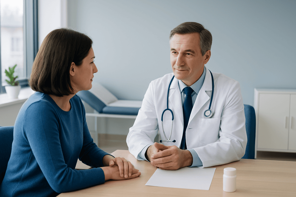 Doctor consulting with a female patient in a modern clinic setting.