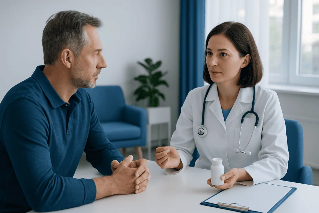 Doctor consulting with a patient in a modern clinic setting.