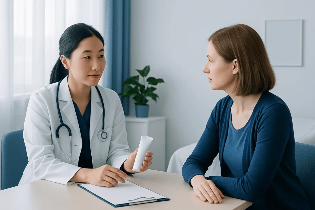 Doctor consulting with female patient in a medical office.