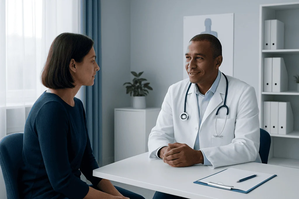Doctor consulting with a female patient in a modern medical office.