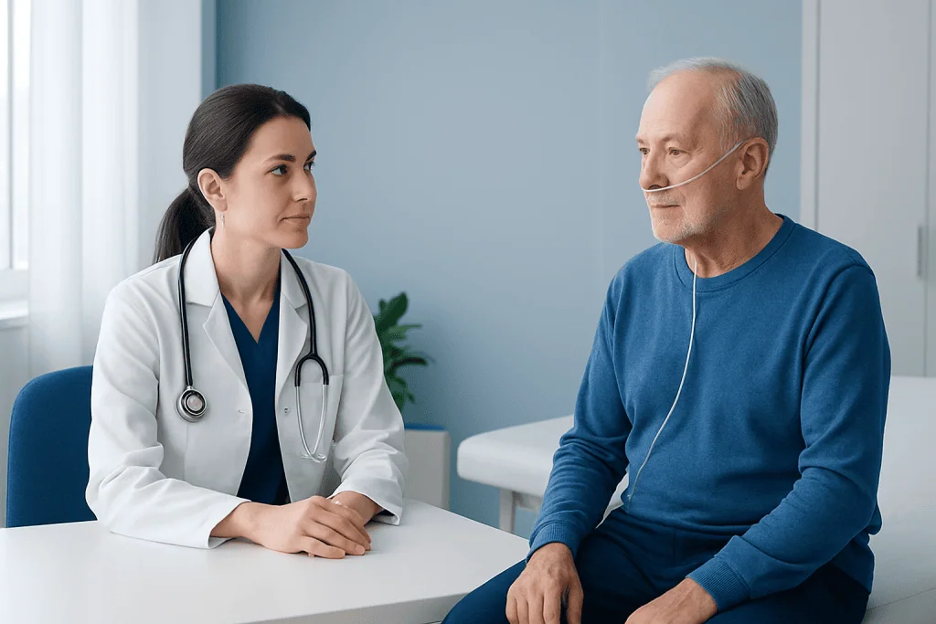 Doctor consulting with an elderly male patient in a hospital room.