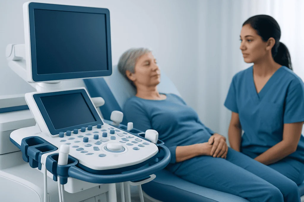 Medical ultrasound examination in progress at Acibadem Hospital.