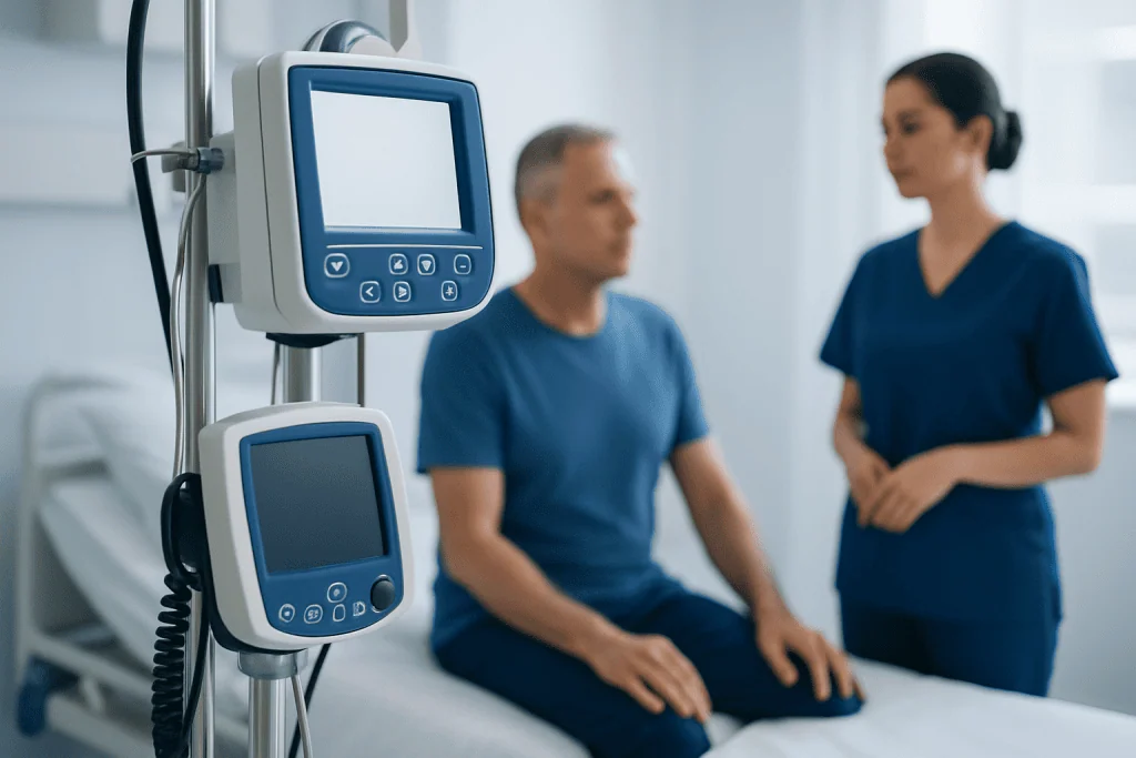 Hospital patient monitor with a patient and nurse in the background.