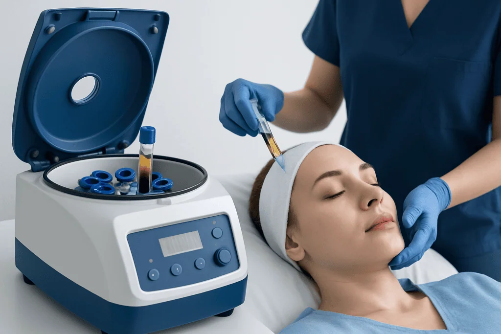 Woman receiving facial treatment with advanced skincare device at clinic.