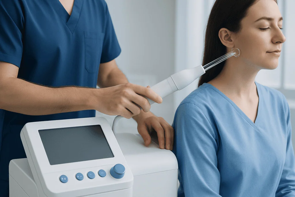 Medical professional performing high frequency treatment on patient with device.