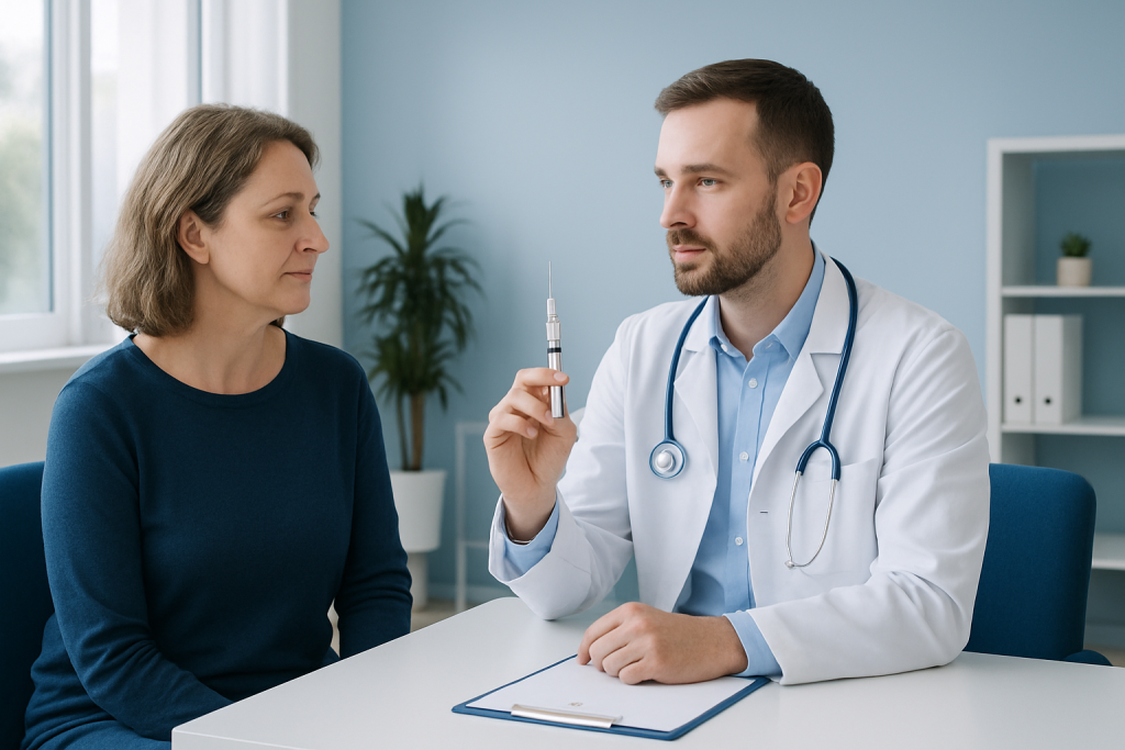 Doctor explaining injection to a patient in a medical consultation.
