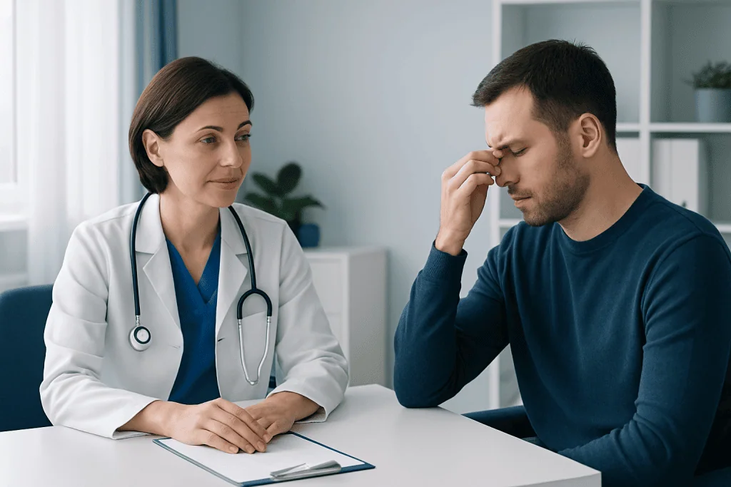 Doctor consulting with a patient experiencing sinus pain or headache.