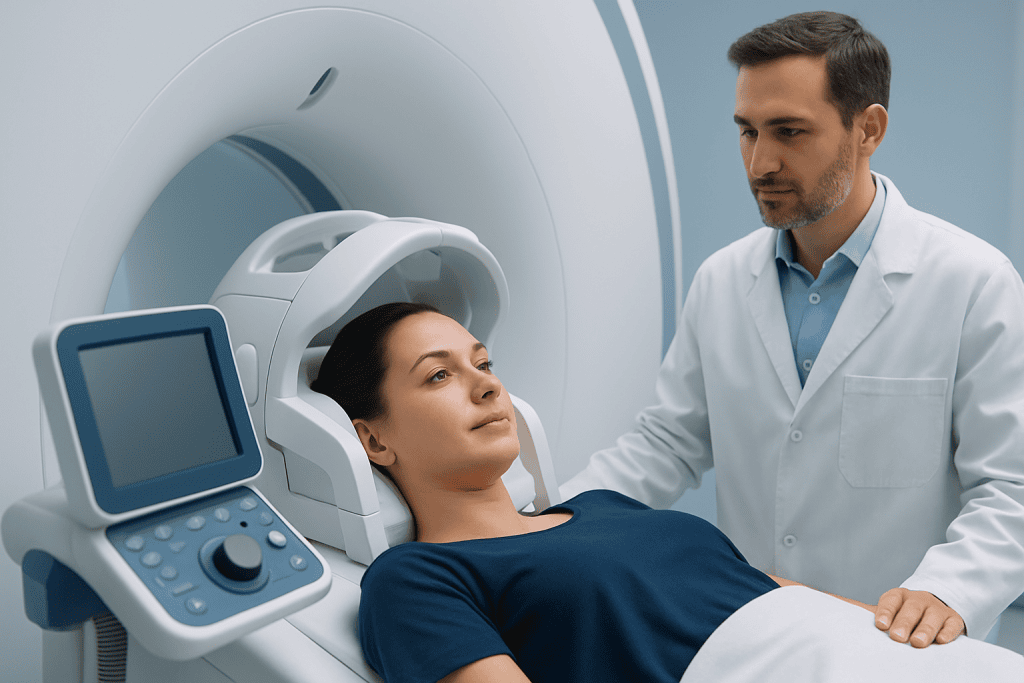 Patient undergoing MRI scan at Acibadem Hospital for advanced medical imaging.