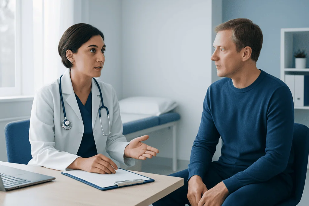 Doctor consulting with patient in a medical office setting.