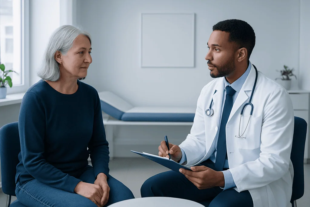 Doctor consulting with an elderly female patient in a modern clinic.