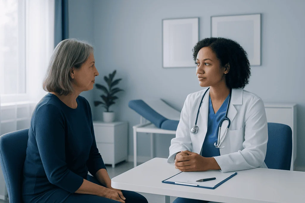 Doctor consulting with a patient in a modern hospital room.