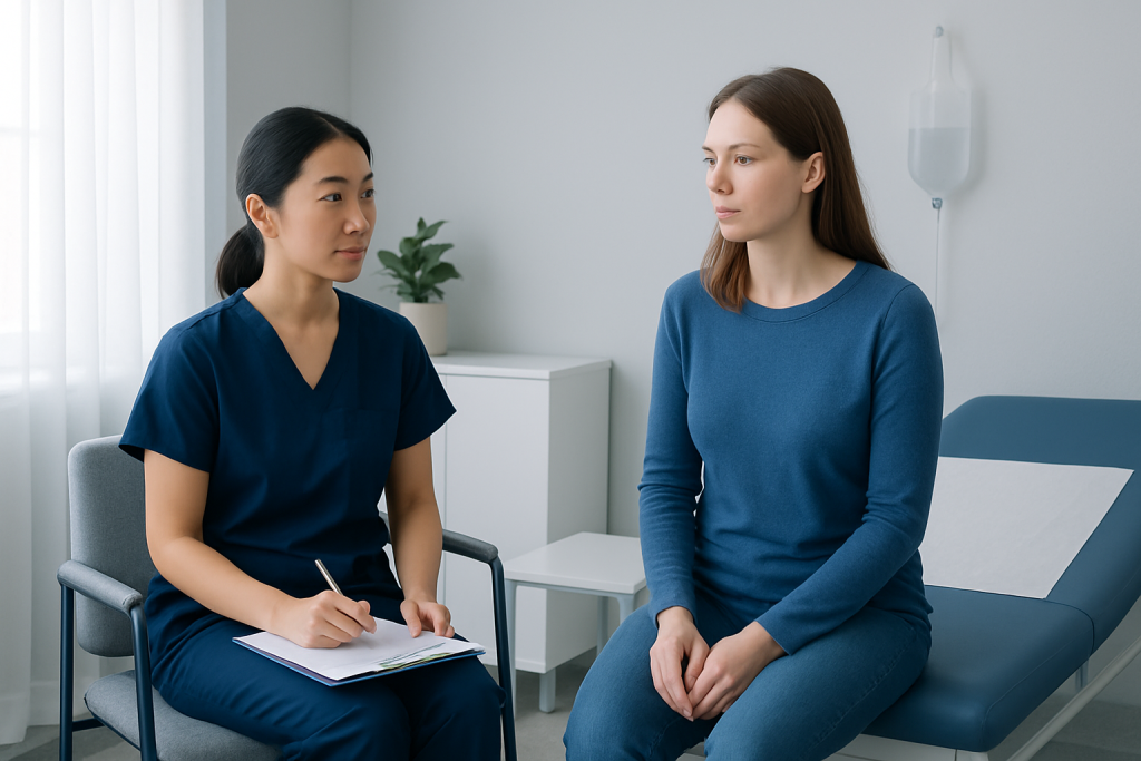 Patient consulting with a healthcare professional in a medical clinic setting.