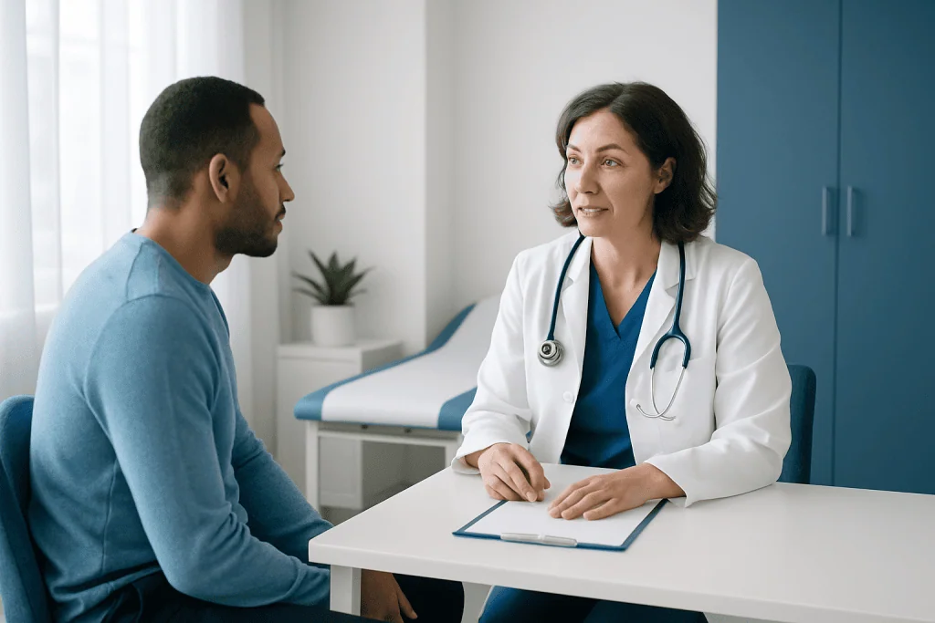 Doctor consulting with a patient in a modern hospital room.