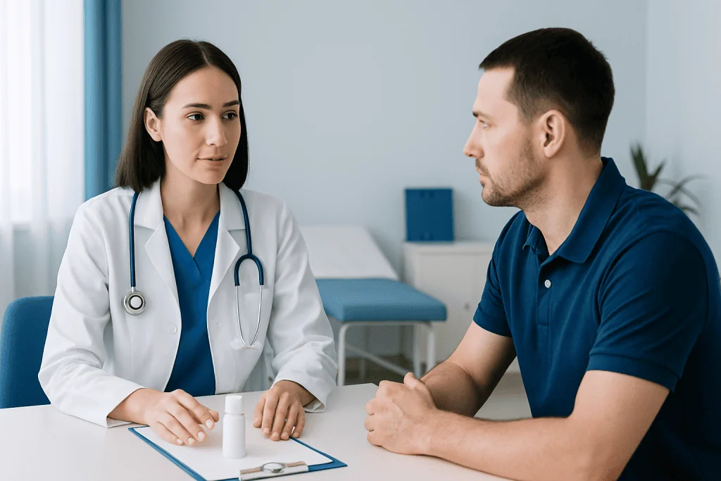 Doctor consulting with male patient in a medical office setting.