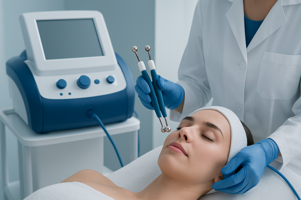 Patient receiving microcurrent facial treatment at Acibadem Hospital.