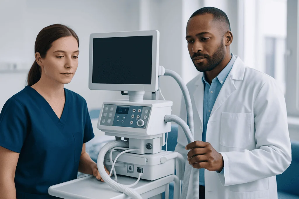 Medical professionals operating a ventilator in a hospital setting.
