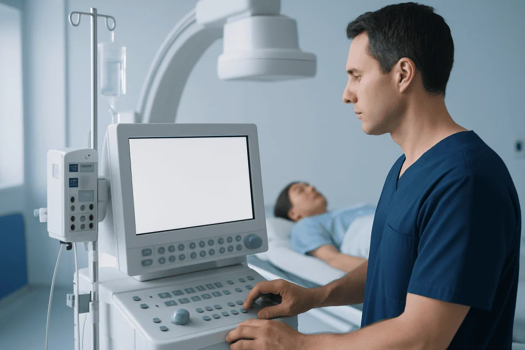 Medical professional operating ultrasound machine in hospital room.