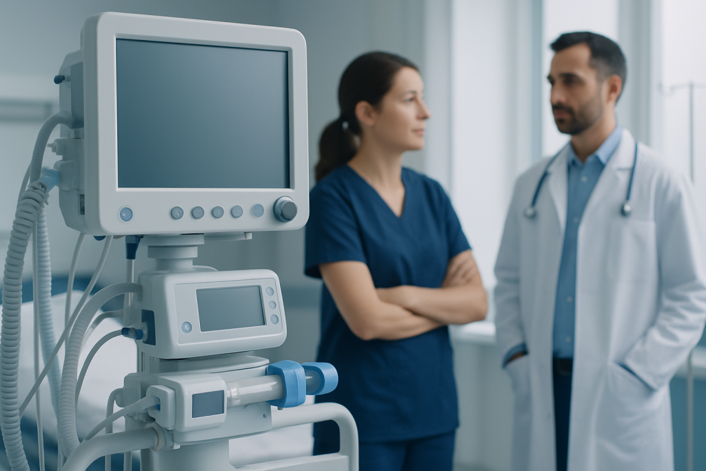 Medical professionals discussing patient care in a hospital room.