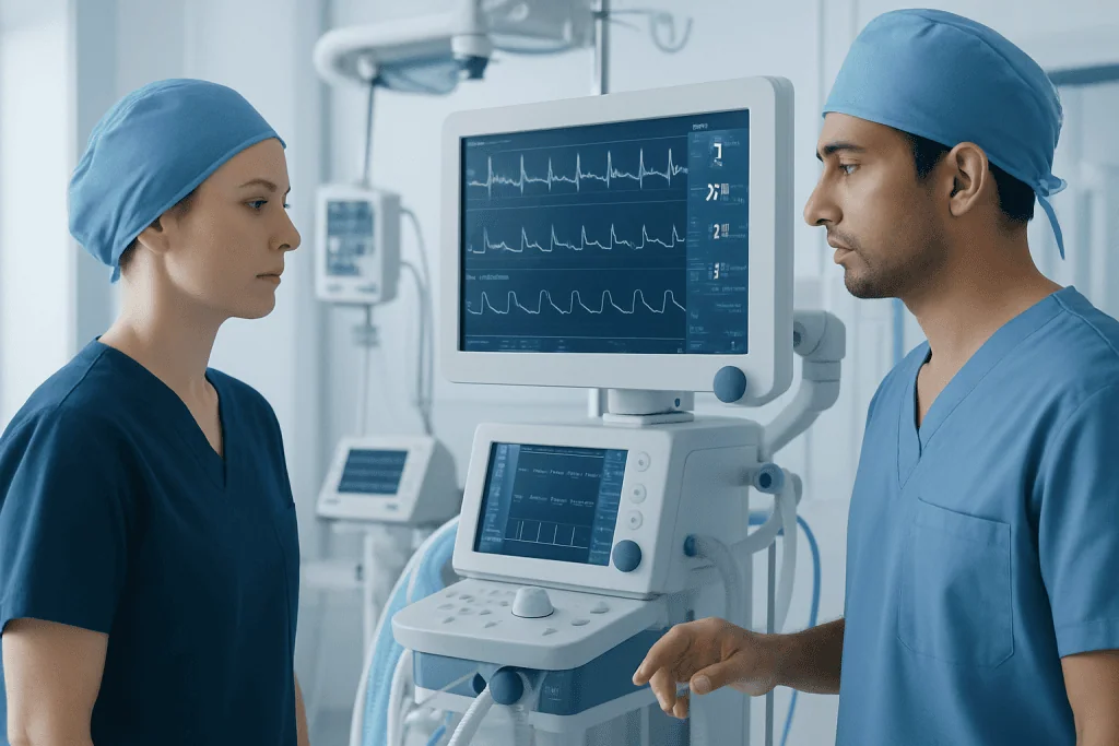 Medical professionals monitoring heart activity in a hospital setting.