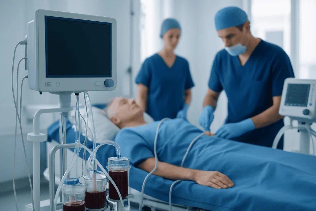 Surgeons monitor a patient during a cardiac surgery in a hospital operating room.