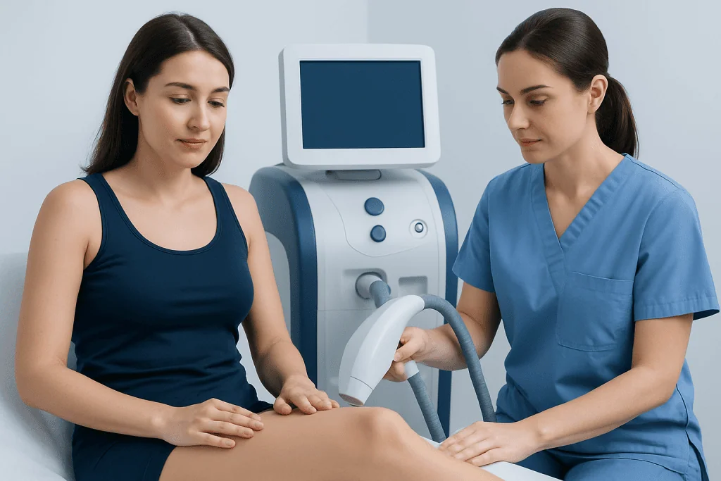 Medical professional performing laser hair removal on patient's leg.