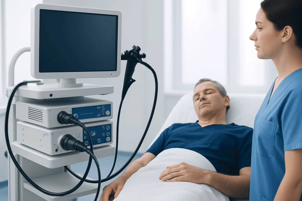 Medical professional preparing for a colonoscopy procedure with equipment.