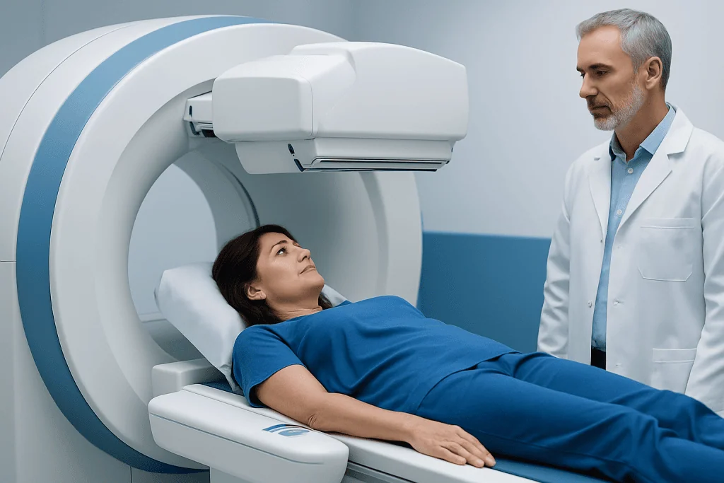Patient undergoing a nuclear medicine scan in a modern medical facility.