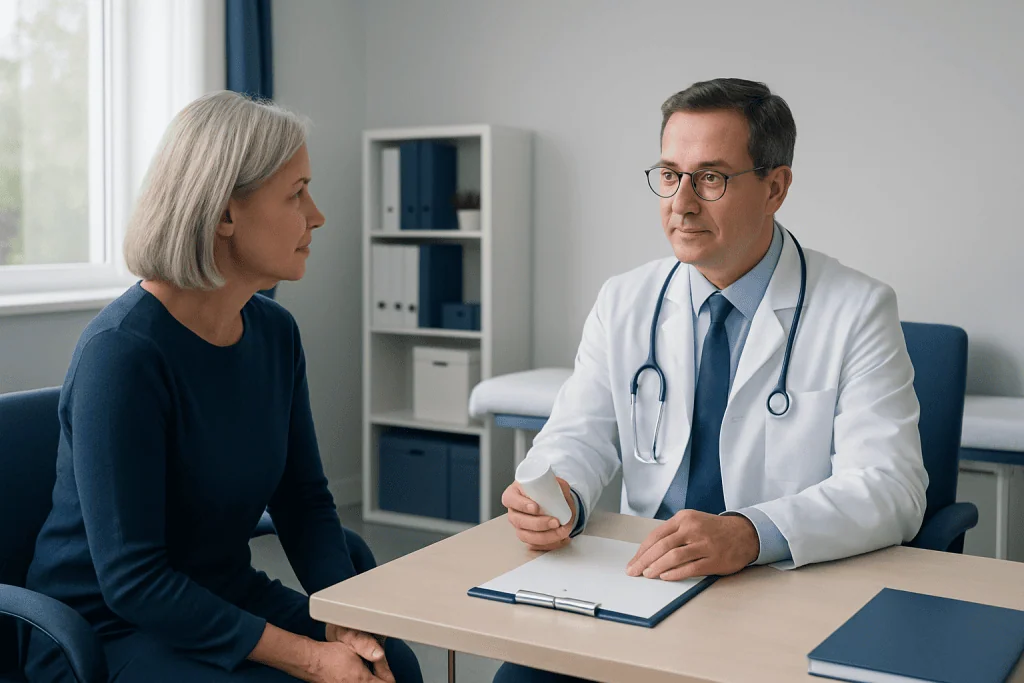 Doctor consulting with an elderly female patient in a medical office.