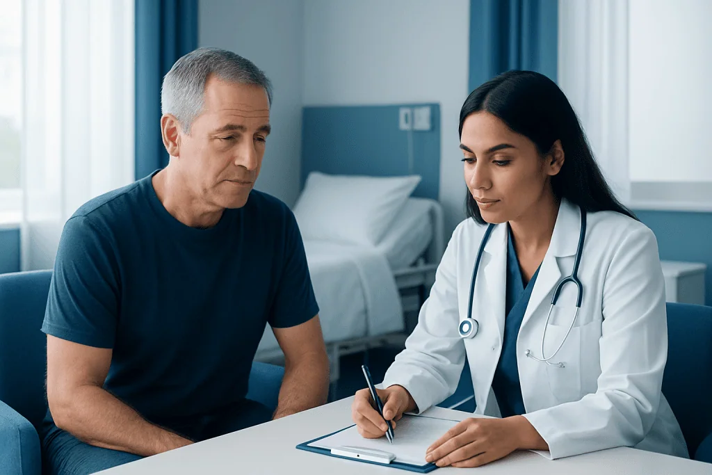 Doctor consulting with male patient in hospital room.