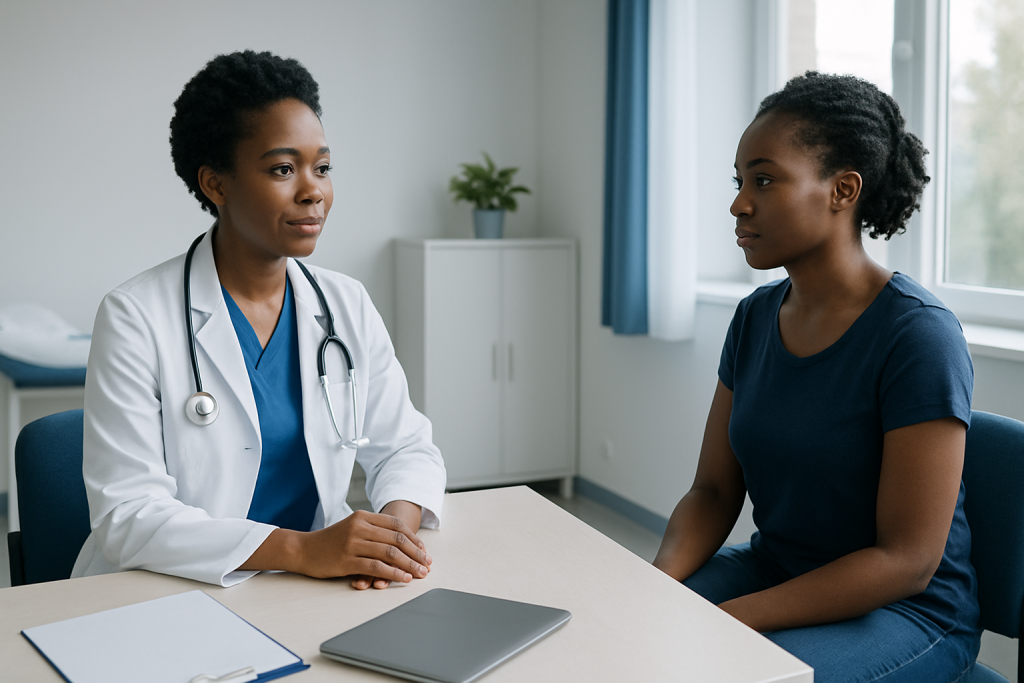 Doctor consulting with patient in a medical office setting.