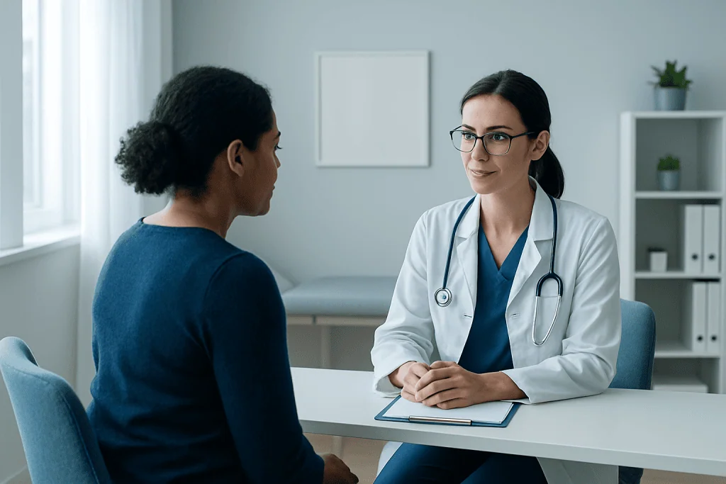 Doctor consulting with a patient in a modern medical office.