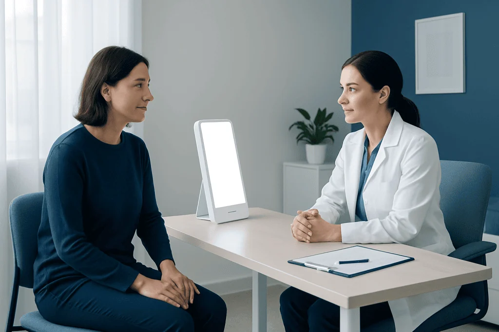 Doctor consulting with patient in a modern clinic setting.