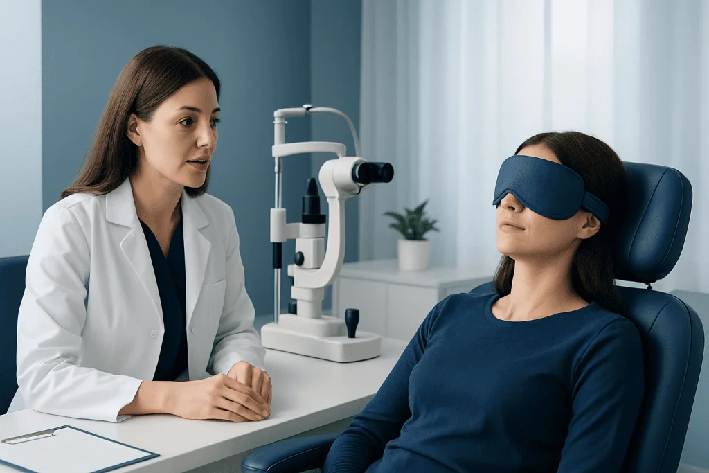 Patient undergoing eye examination with a blindfold at Acibadem Hospital.