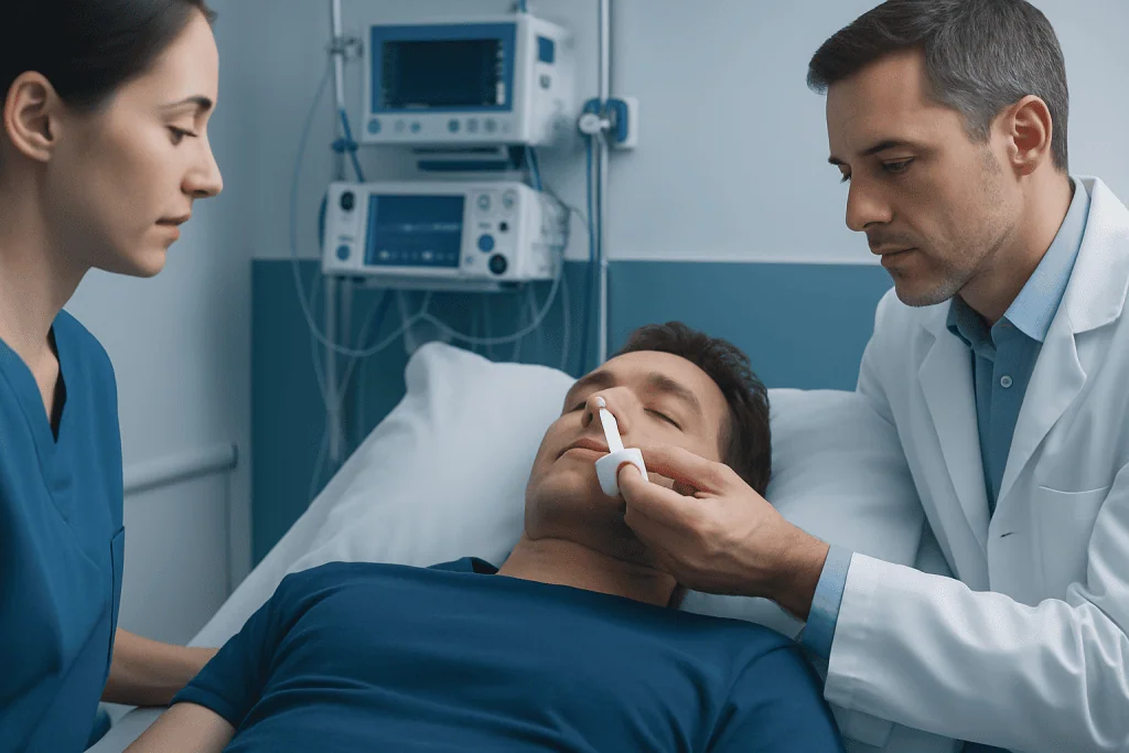 Medical professionals monitor patient with nasal spray in hospital setting.