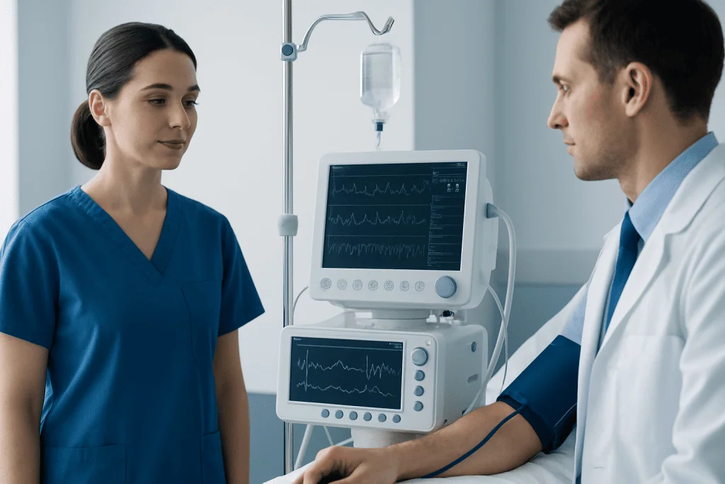 Medical professionals monitoring patient vital signs in hospital.