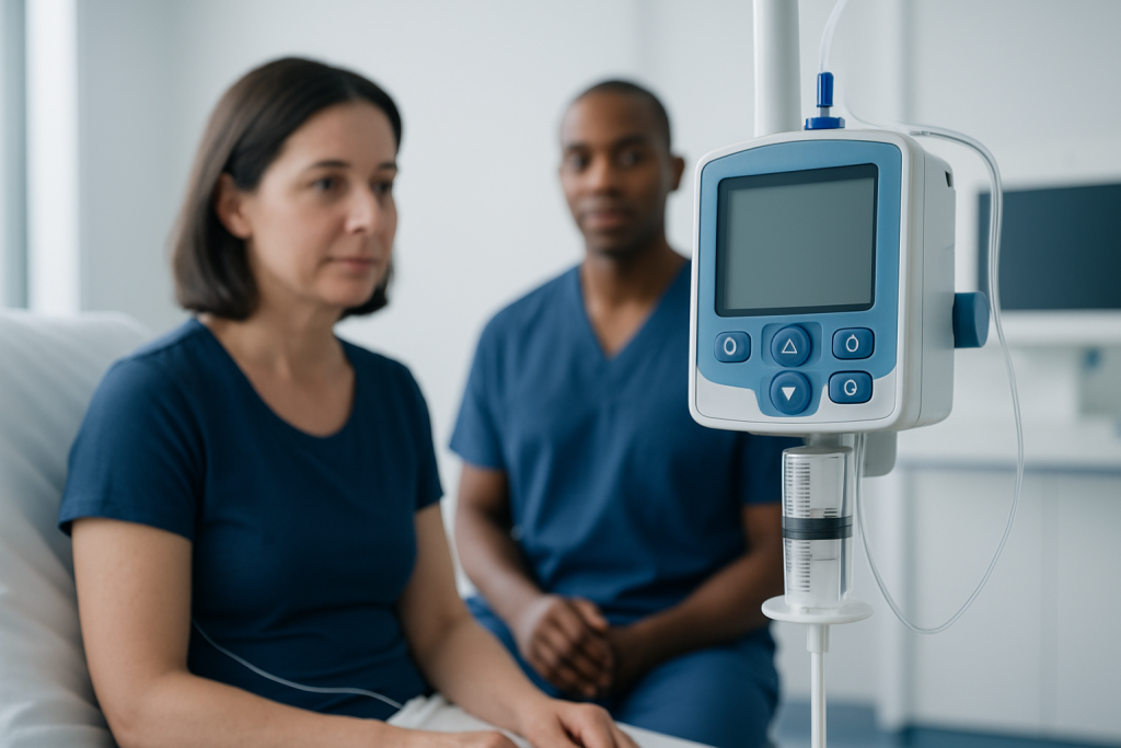 Patient receiving medical care with IV monitor at Acibadem Hospital.